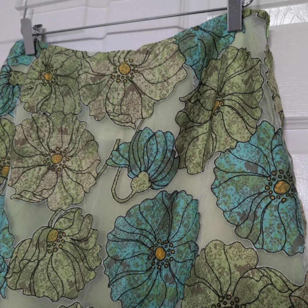 Sharon Young Floral Midi Skirt Womens Size 10 Green Lightweight Lined A Line
